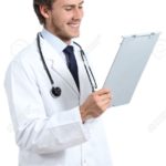 Young happy doctor man reading a medical history isolated on a white background